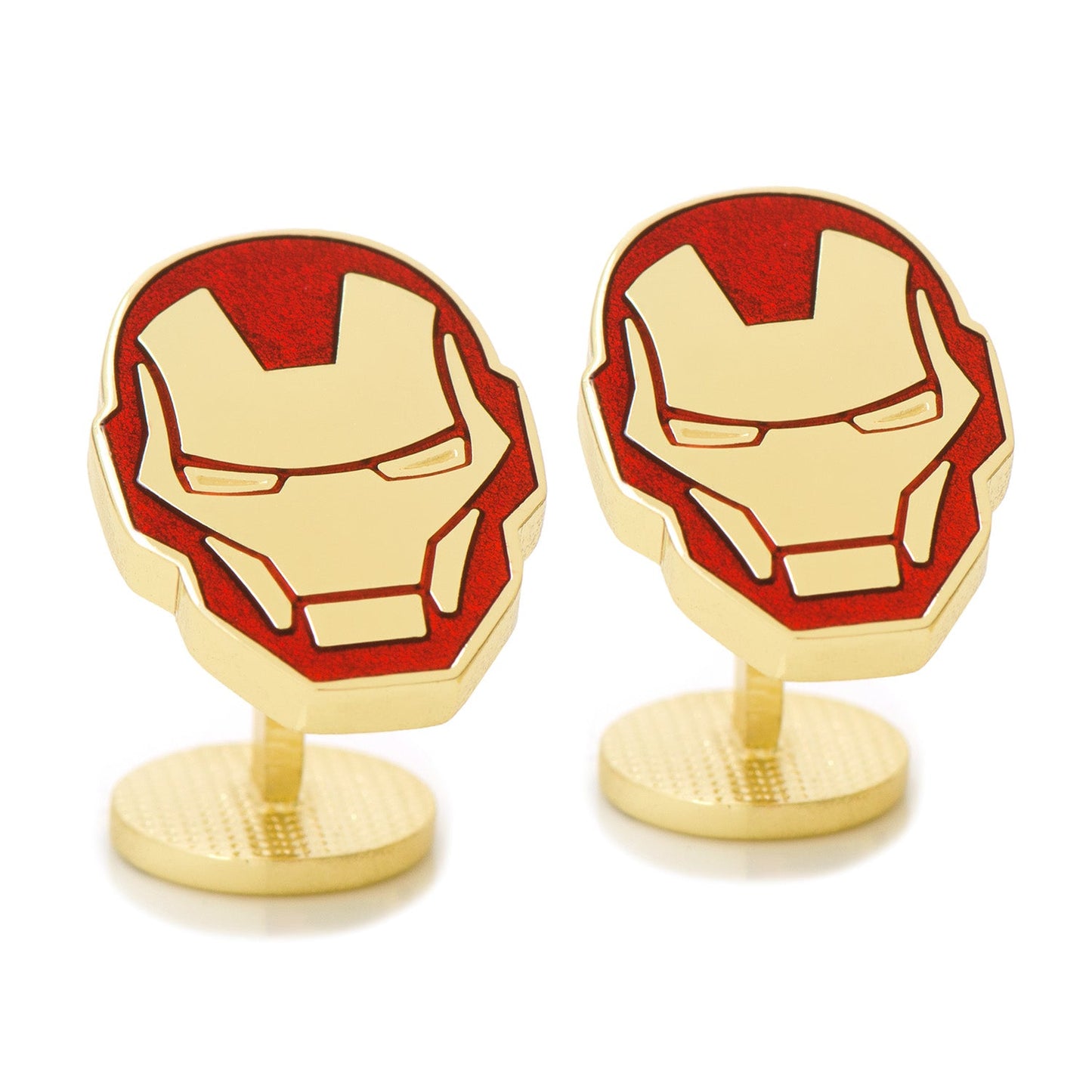 The Marvel Iron Man Cufflinks by Cufflinks.com feature one cufflink shaped like Iron Man’s mask with red detailing and the other as a round disc displaying the Marvel logo in black letters.