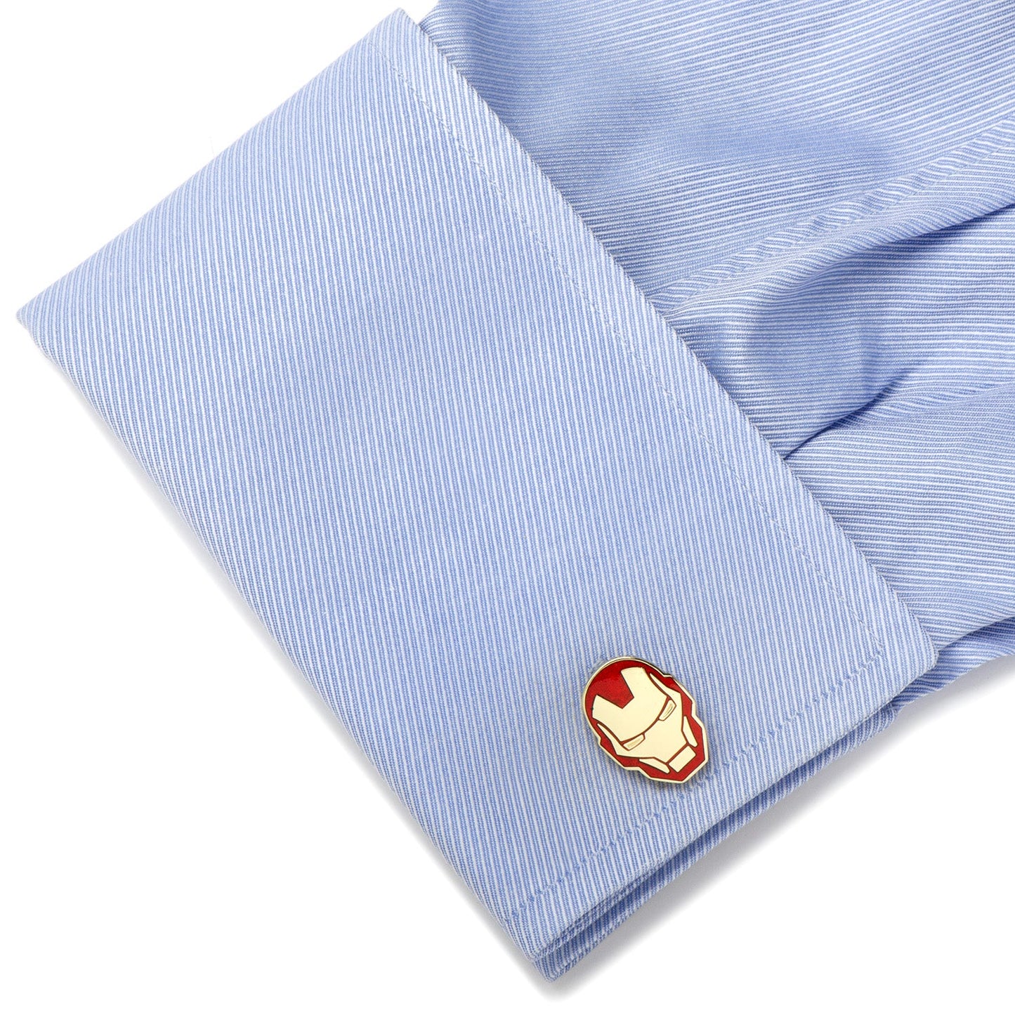The Marvel Iron Man Cufflinks by Cufflinks.com feature one cufflink shaped like Iron Man’s mask with red detailing and the other as a round disc displaying the Marvel logo in black letters.