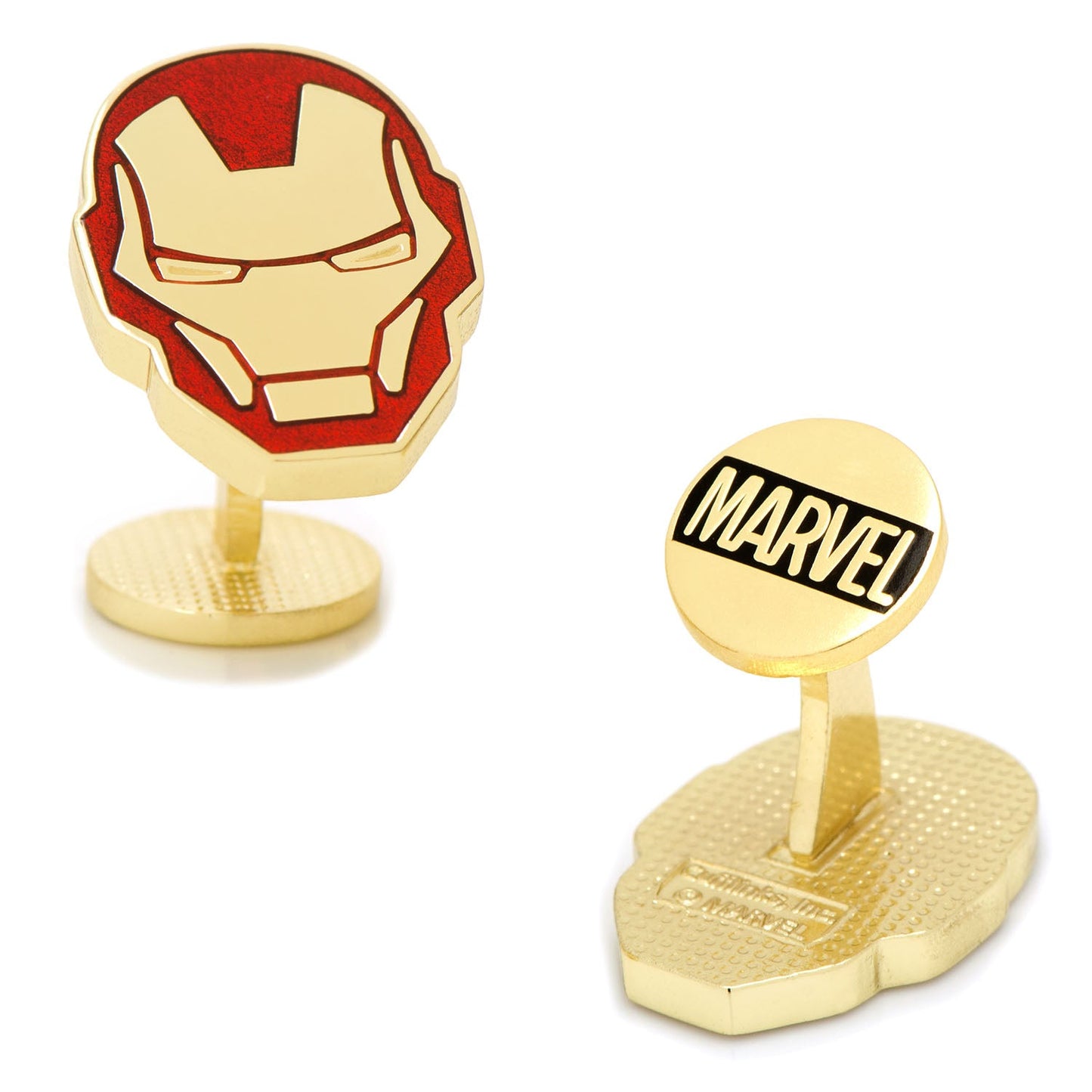 The Marvel Iron Man Cufflinks by Cufflinks.com feature one cufflink shaped like Iron Man’s mask with red detailing and the other as a round disc displaying the Marvel logo in black letters.