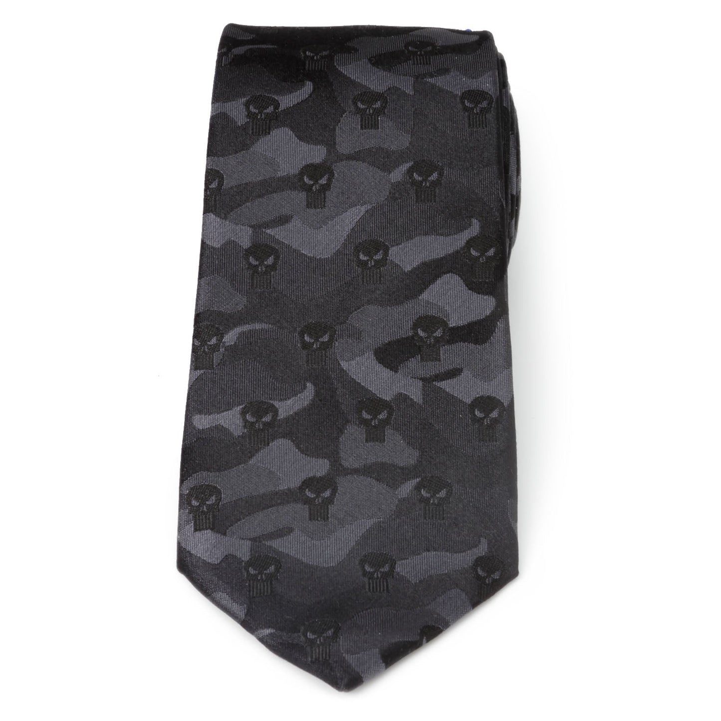 The Marvel The Punisher Camo Black Silk Men's Tie by Cufflinks.com features a subtle dark gray camouflage pattern with skull symbols, bringing superhero style to your suit.