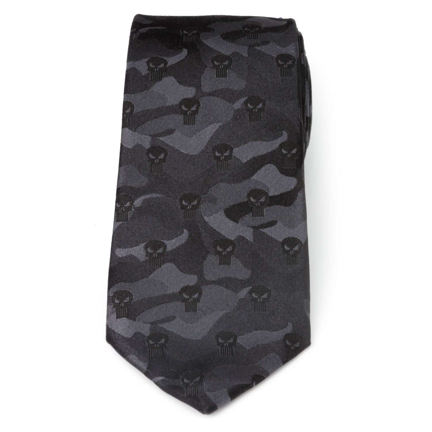 The Marvel The Punisher Camo Black Silk Men's Tie by Cufflinks.com features a subtle dark gray camouflage pattern with skull symbols, bringing superhero style to your suit.