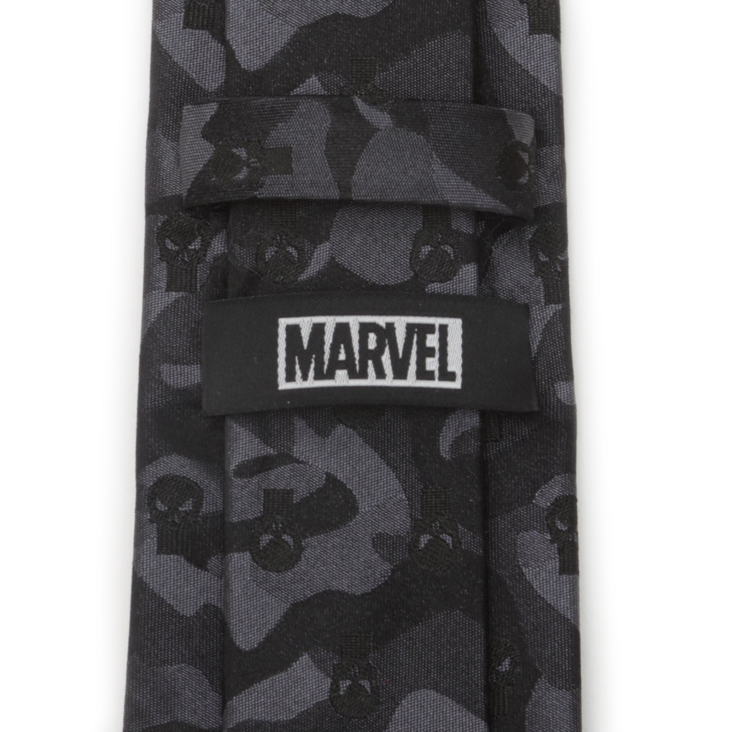The Marvel The Punisher Camo Black Silk Men's Tie by Cufflinks.com features a subtle dark gray camouflage pattern with skull symbols, bringing superhero style to your suit.