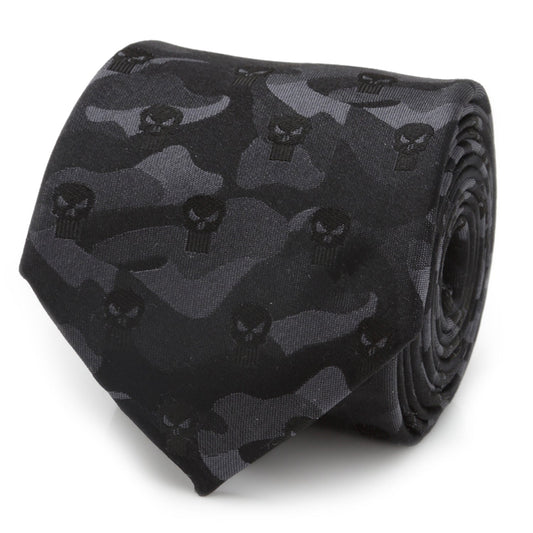 The Marvel The Punisher Camo Black Silk Men's Tie by Cufflinks.com features a subtle dark gray camouflage pattern with skull symbols, bringing superhero style to your suit.