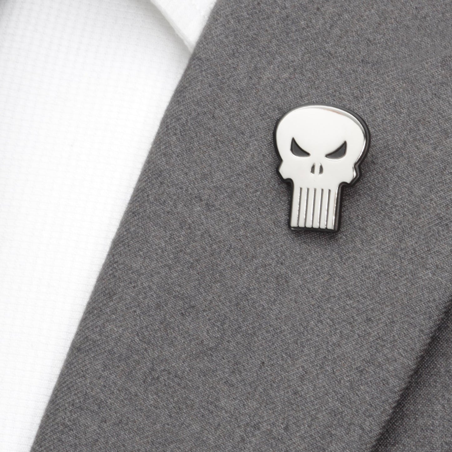 The Marvel The Punisher Silver Lapel Pin by Cufflinks.com features a stylized white skull—ideal for fans and collectors of The Punisher accessories.