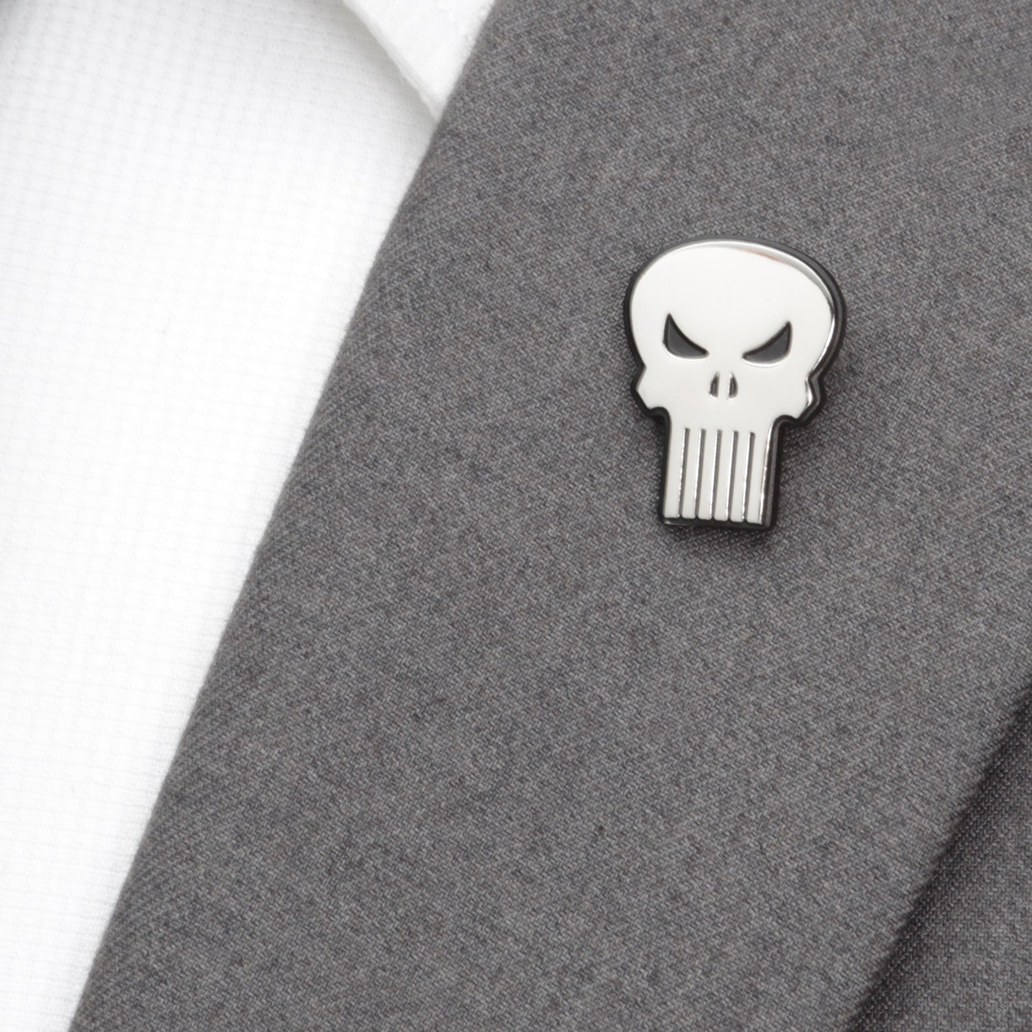 The Marvel The Punisher Silver Lapel Pin by Cufflinks.com features a stylized white skull—ideal for fans and collectors of The Punisher accessories.