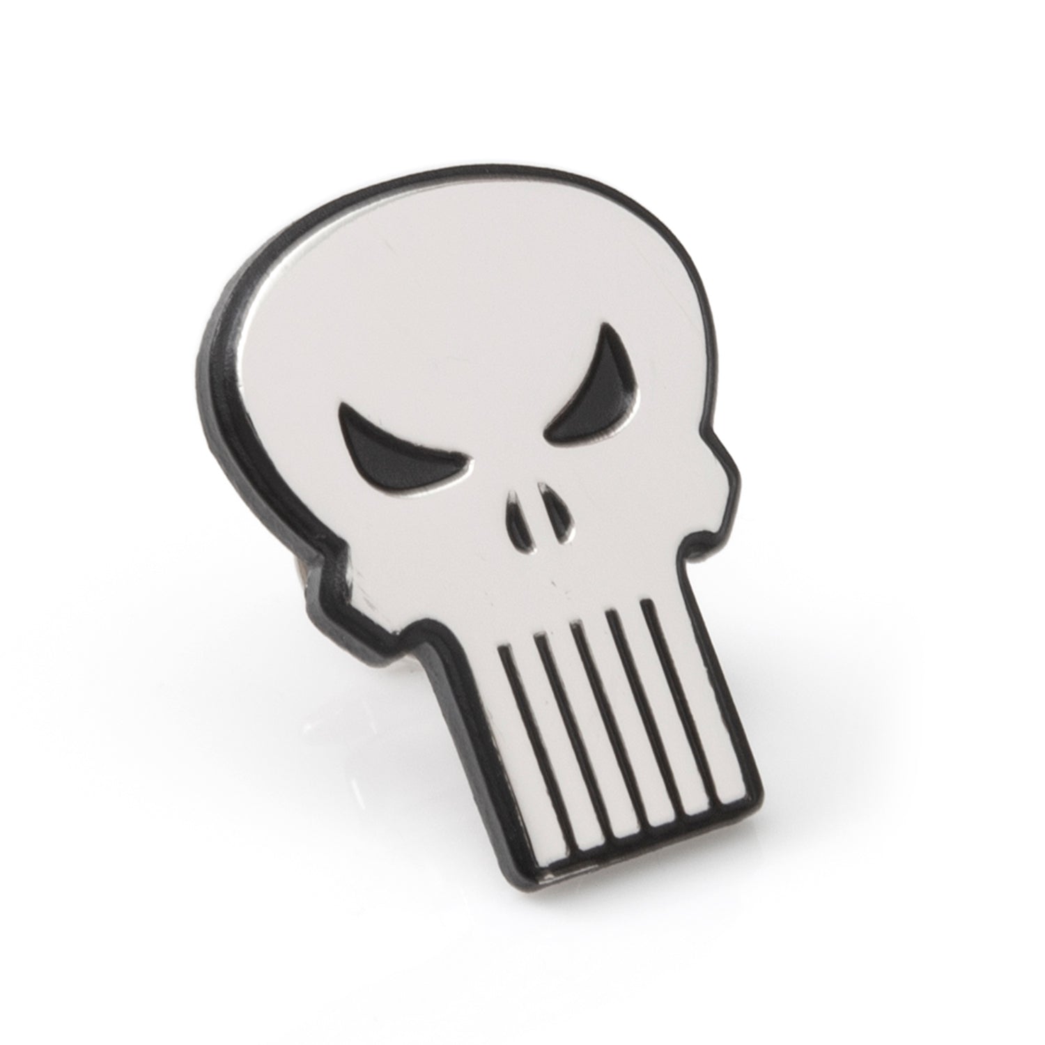 The Marvel The Punisher Silver Lapel Pin by Cufflinks.com features a stylized white skull—ideal for fans and collectors of The Punisher accessories.