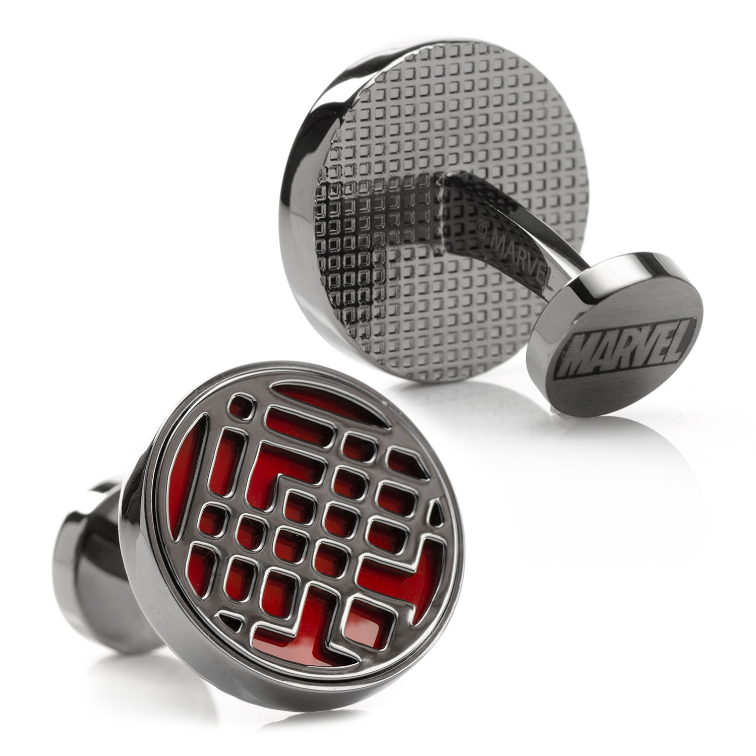 Marvel Shang-Chi Men's Cufflinks by Cufflinks.com feature round metal designs inspired by the Ten Rings, with a geometric cut-out over red—ideal for Marvel or Shang-Chi fans.