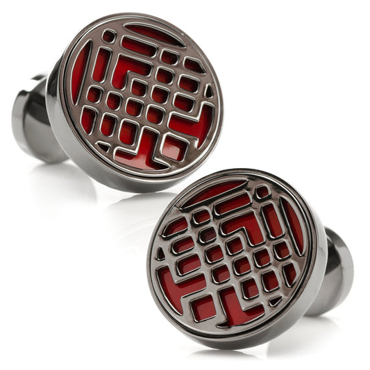 Marvel Shang-Chi Men's Cufflinks by Cufflinks.com feature round metal designs inspired by the Ten Rings, with a geometric cut-out over red—ideal for Marvel or Shang-Chi fans.