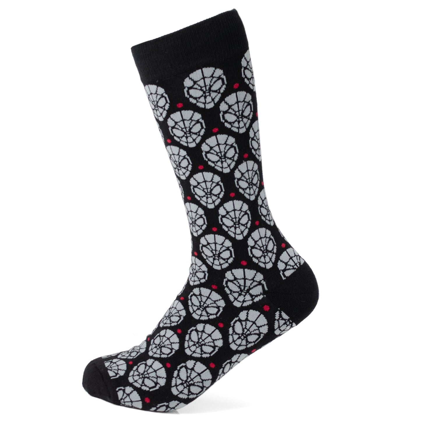 The Marvel Spider-Man Dot Gray and Black Gift Set by Cufflinks.com includes black socks with a gray mask pattern and a Spider-Man lapel pin—ideal for any Spider-Man fan.