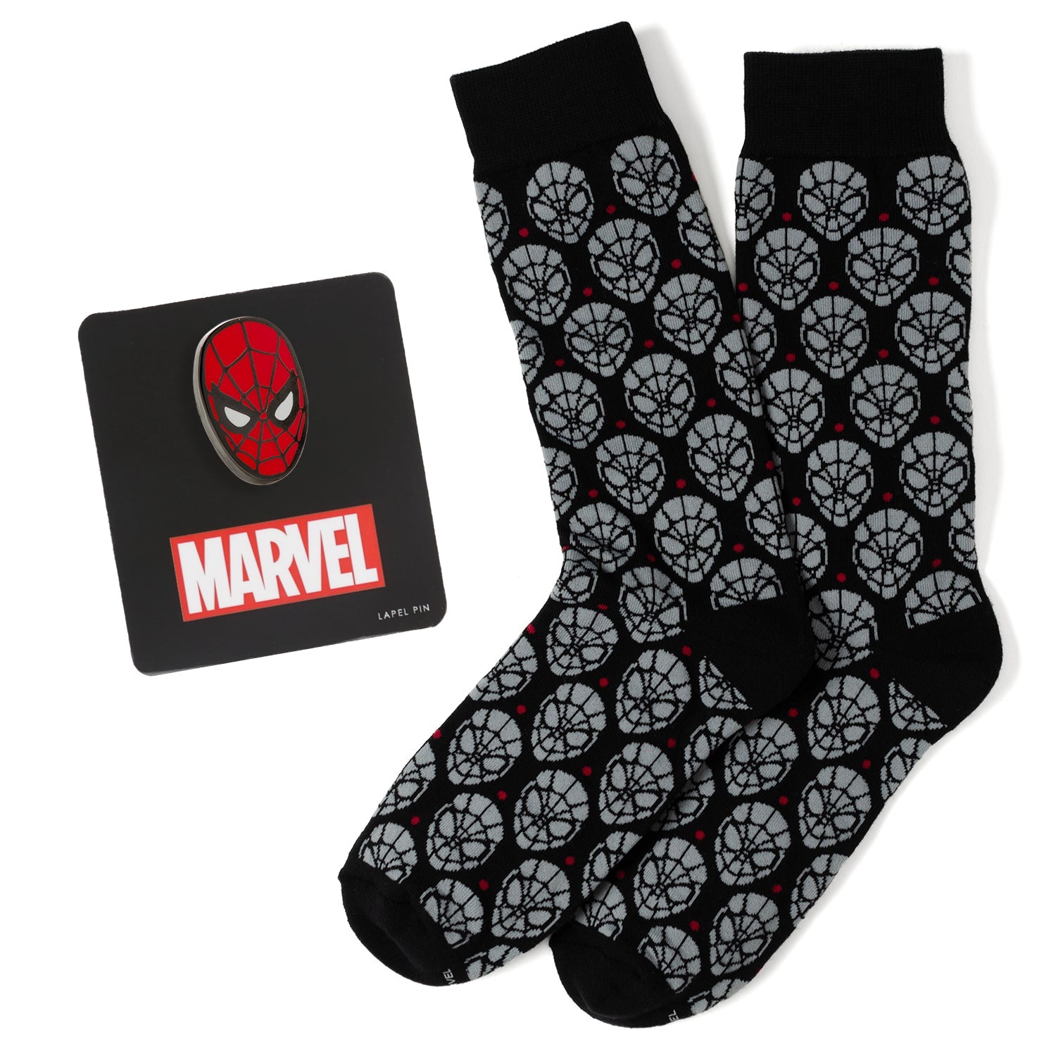 The Marvel Spider-Man Dot Gray and Black Gift Set by Cufflinks.com includes black socks with a gray mask pattern and a Spider-Man lapel pin—ideal for any Spider-Man fan.