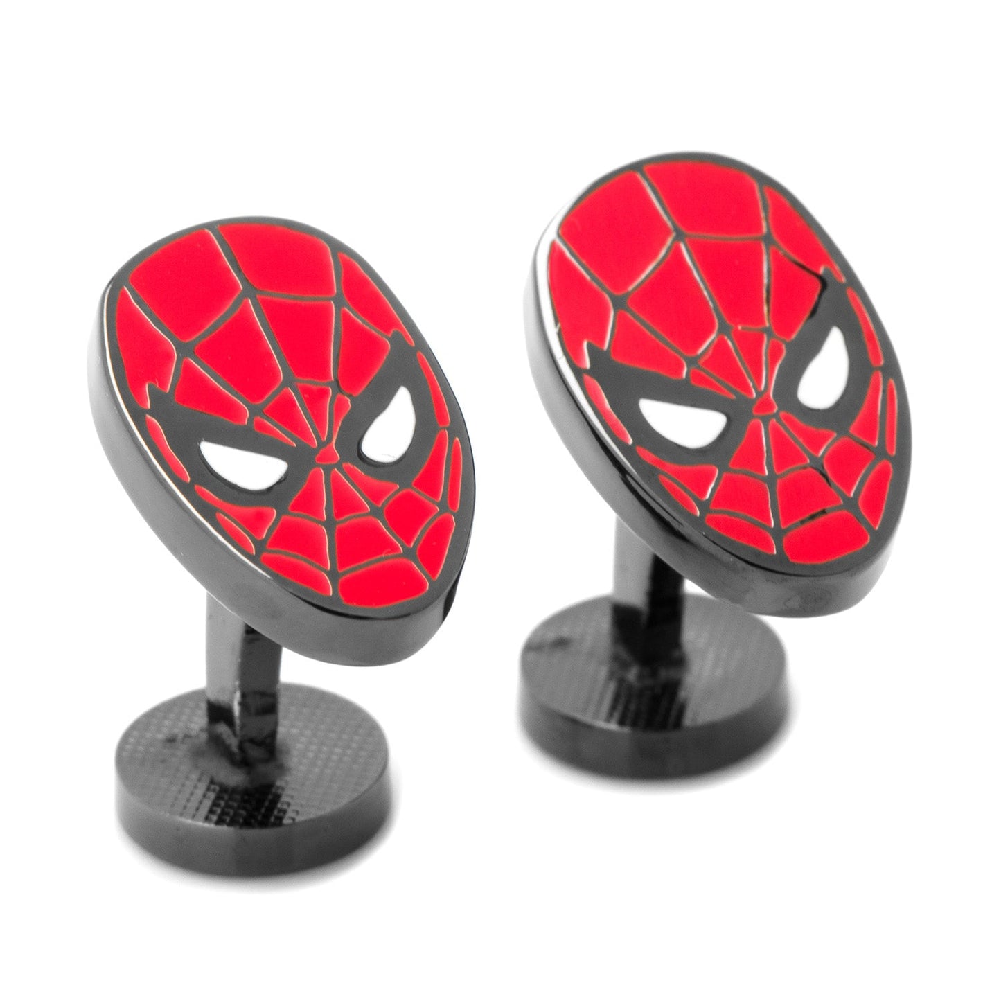 Marvel Spider-Man Cufflinks by Cufflinks.com include one red and black Spider-Man mask cufflink and one silver oval cufflink embossed with "MARVEL.