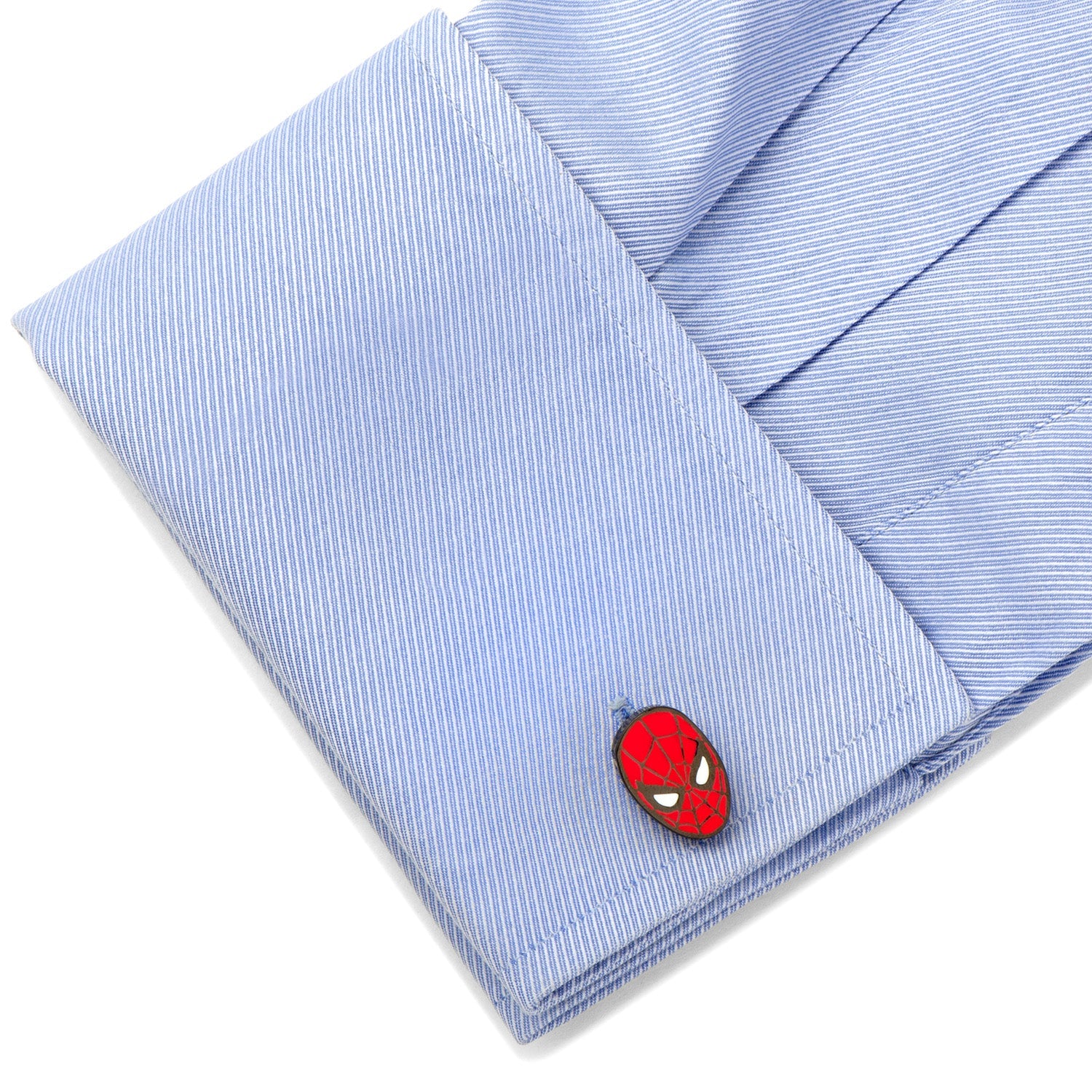 Marvel Spider-Man Cufflinks by Cufflinks.com include one red and black Spider-Man mask cufflink and one silver oval cufflink embossed with "MARVEL.