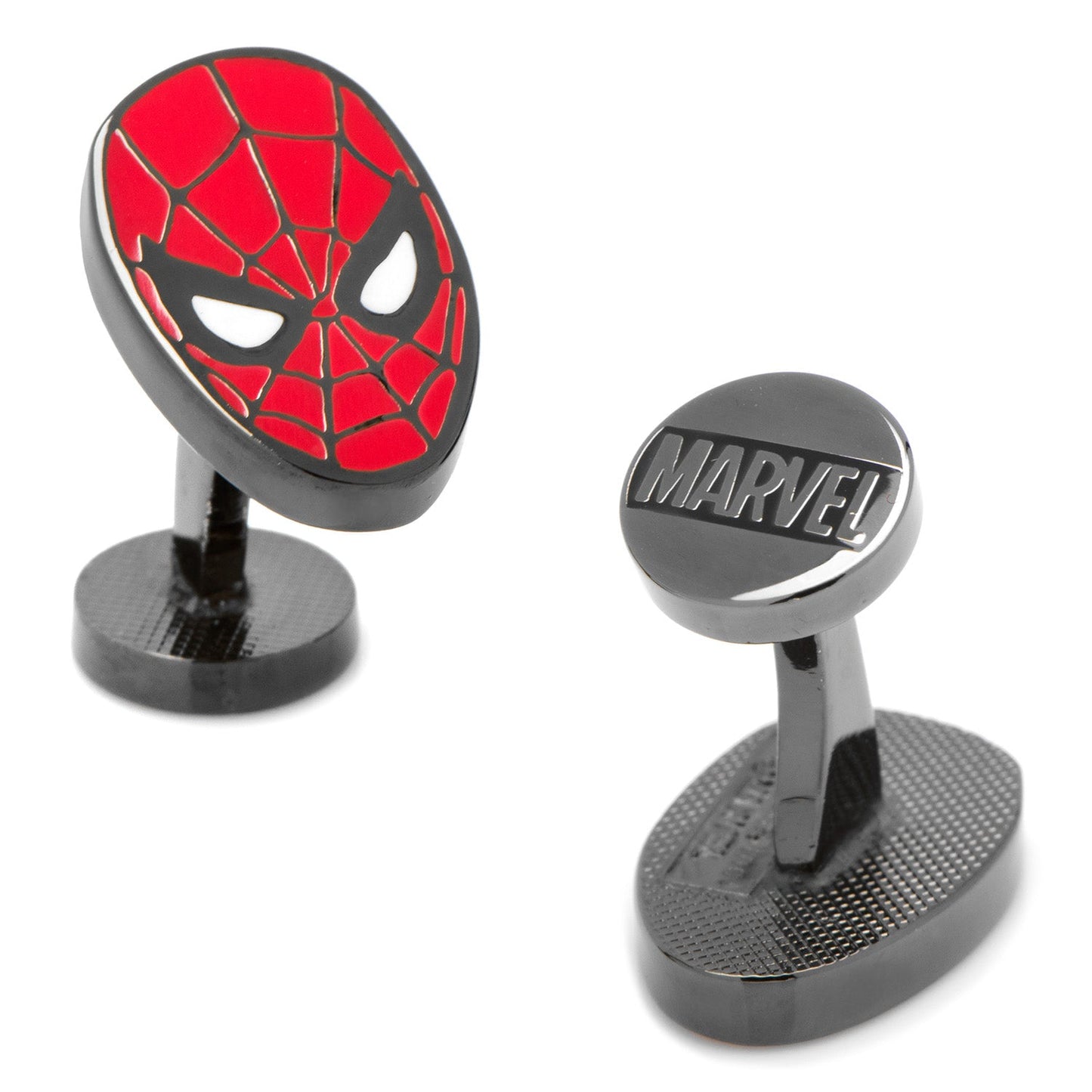Marvel Spider-Man Cufflinks by Cufflinks.com feature a red and black mask with white eyes—striking superhero accessories for any Marvel fan, displayed upright against a white background.