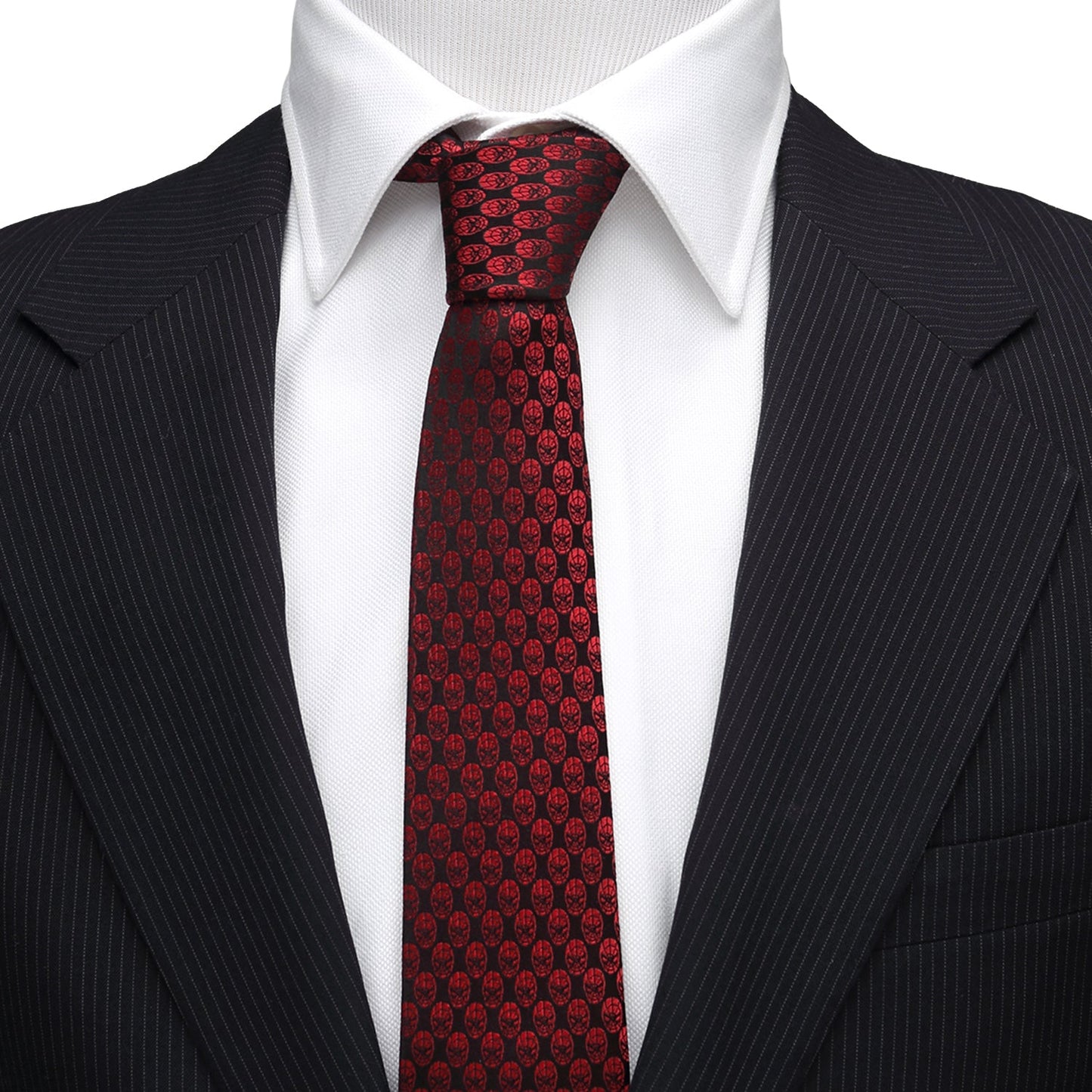 The Marvel Spider-Man Mask Red Men's Tie from Cufflinks.com features a crimson color with a black repeating design, crafted in silk and officially licensed, shown rolled up against a white background.