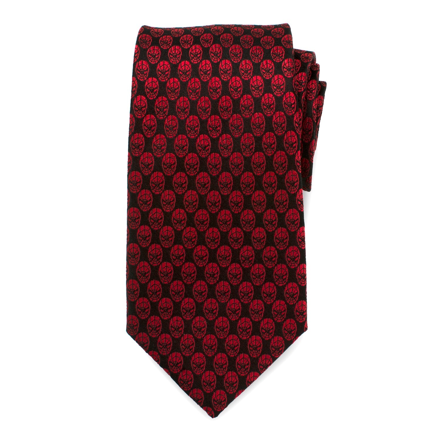 The Marvel Spider-Man Mask Red Men's Tie from Cufflinks.com features a crimson color with a black repeating design, crafted in silk and officially licensed, shown rolled up against a white background.