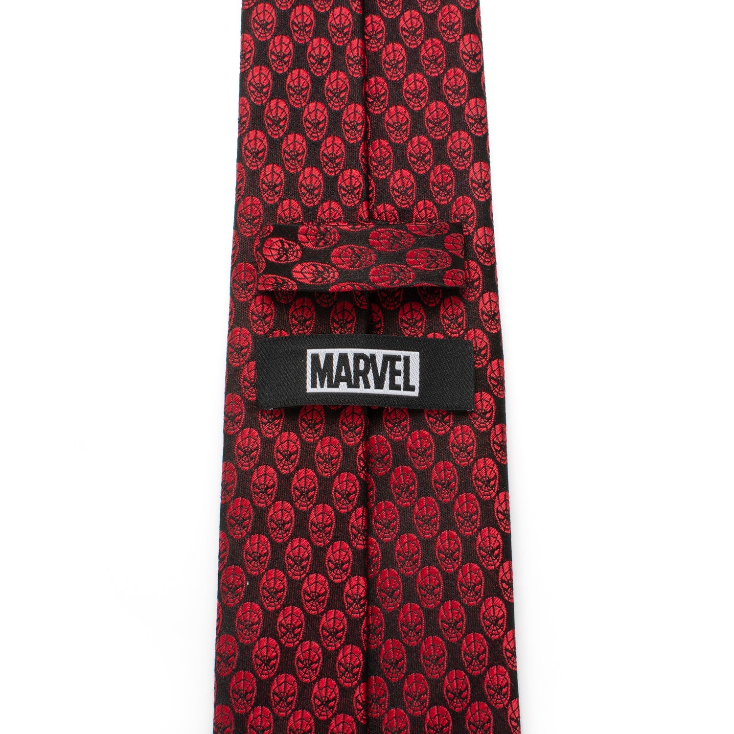 The Marvel Spider-Man Mask Red Men's Tie from Cufflinks.com features a crimson color with a black repeating design, crafted in silk and officially licensed, shown rolled up against a white background.