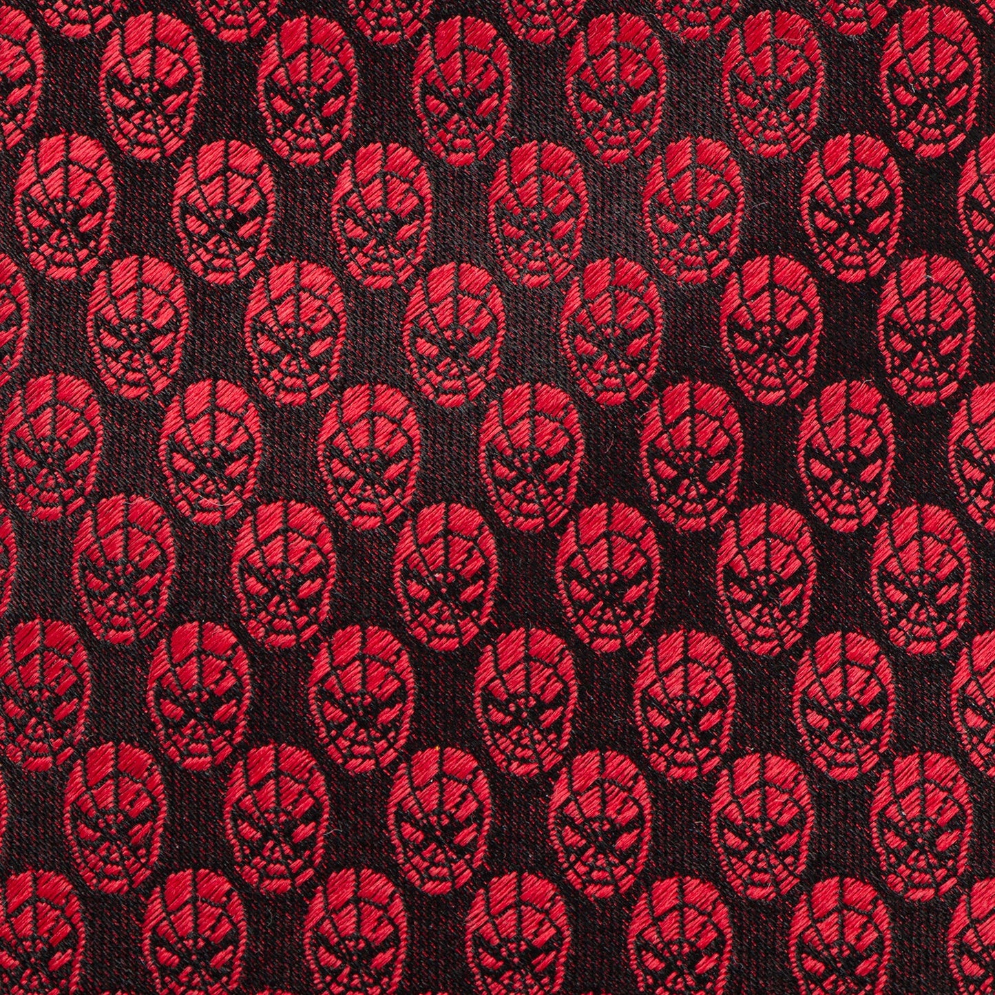 The Marvel Spider-Man Mask Red Men's Tie from Cufflinks.com features a crimson color with a black repeating design, crafted in silk and officially licensed, shown rolled up against a white background.