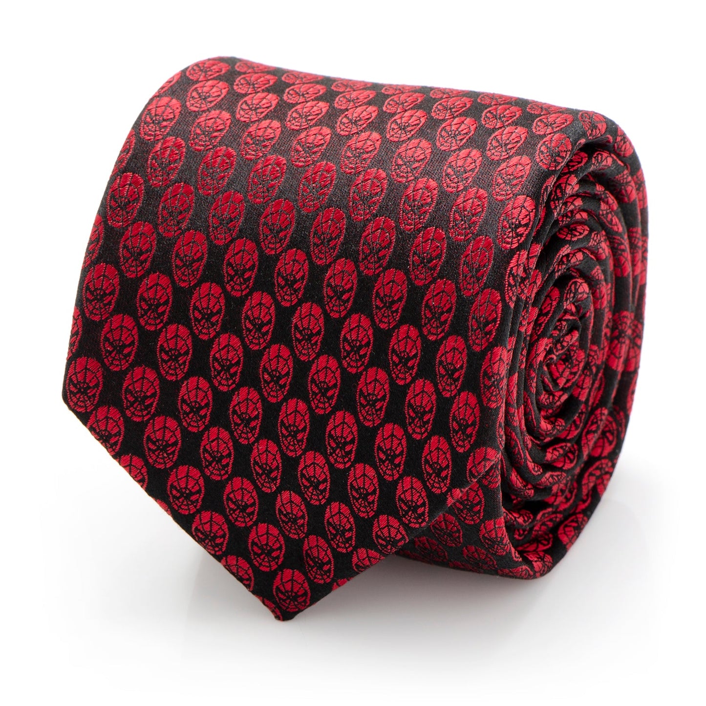 The Marvel Spider-Man Mask Red Men's Tie from Cufflinks.com features a crimson color with a black repeating design, crafted in silk and officially licensed, shown rolled up against a white background.