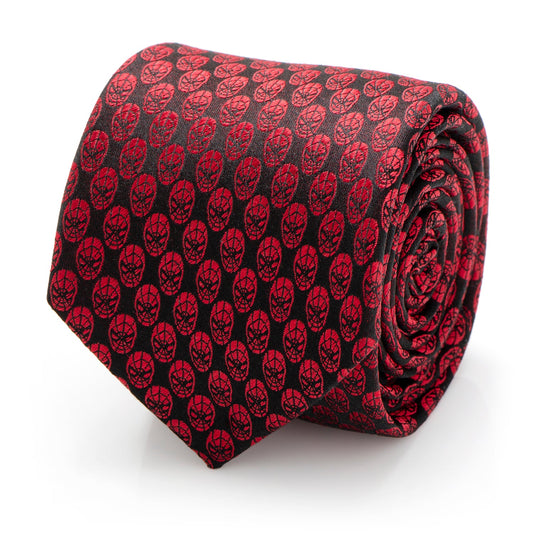 The Marvel Spider-Man Mask Red Men's Tie from Cufflinks.com features a crimson color with a black repeating design, crafted in silk and officially licensed, shown rolled up against a white background.