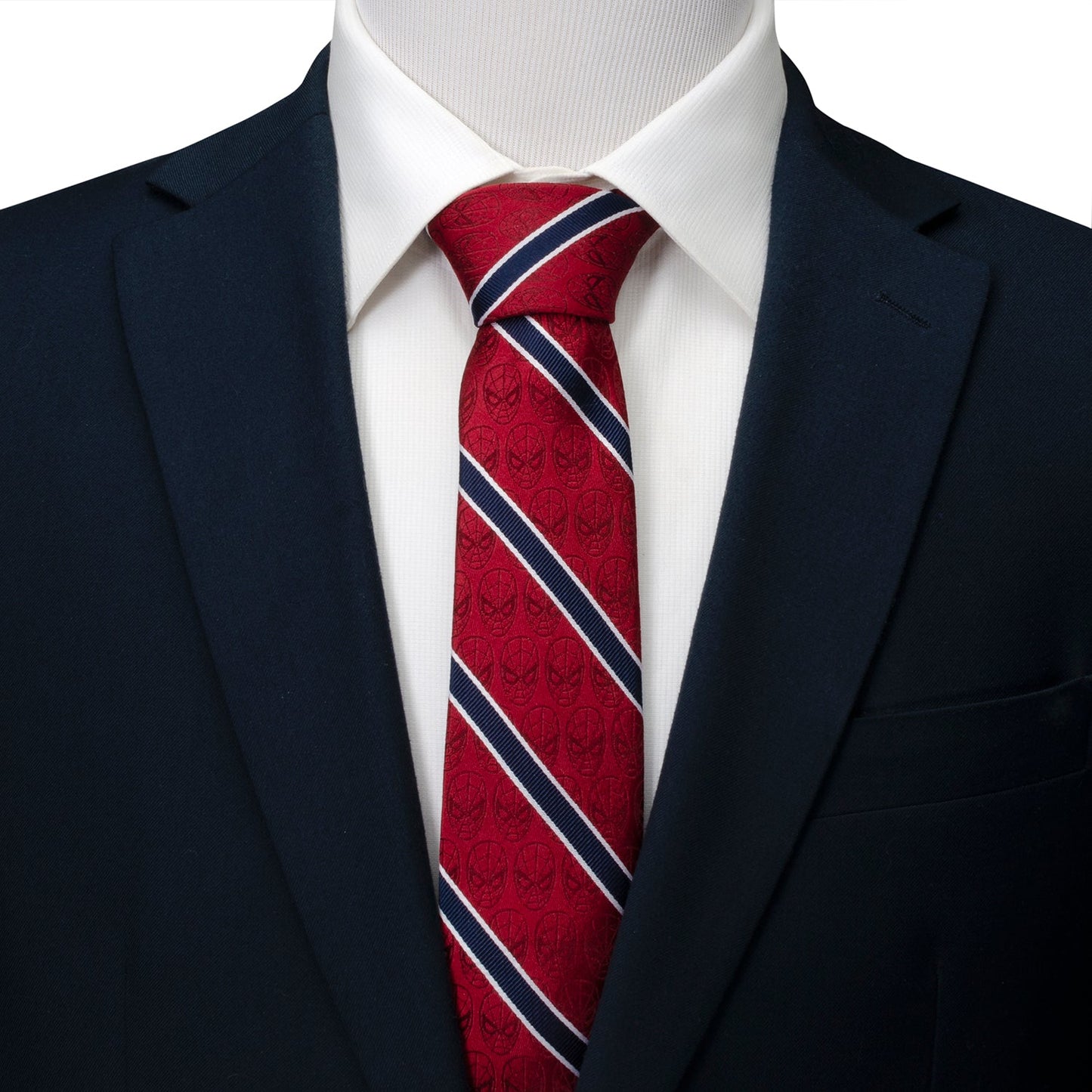 The Marvel Spider-Man Red and Navy Stripe Men's Tie by Cufflinks.com features a slim design with Spider-Man mask patterns and diagonal red, navy, and white stripes.