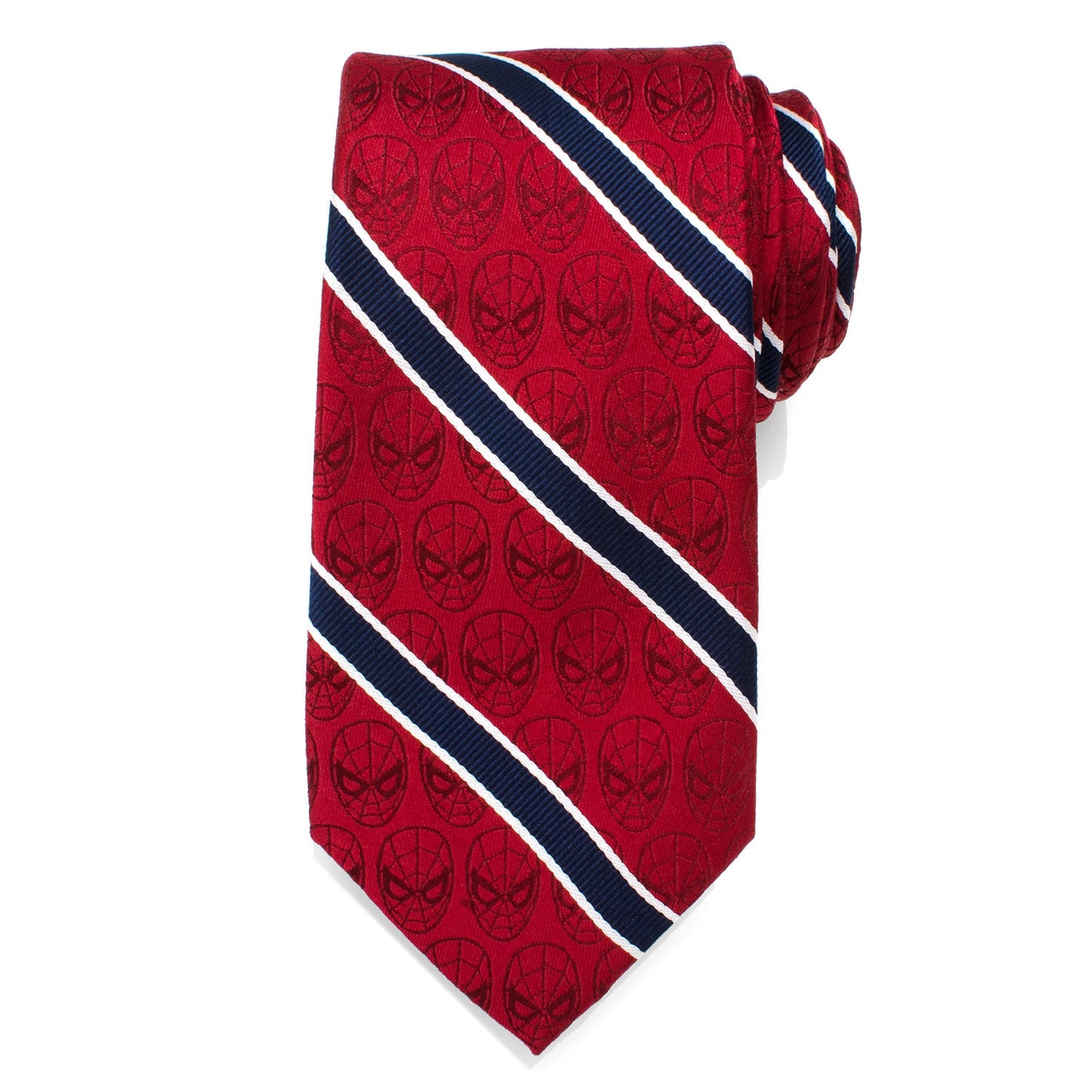 The Marvel Spider-Man Red and Navy Stripe Men's Tie by Cufflinks.com features a slim design with Spider-Man mask patterns and diagonal red, navy, and white stripes.