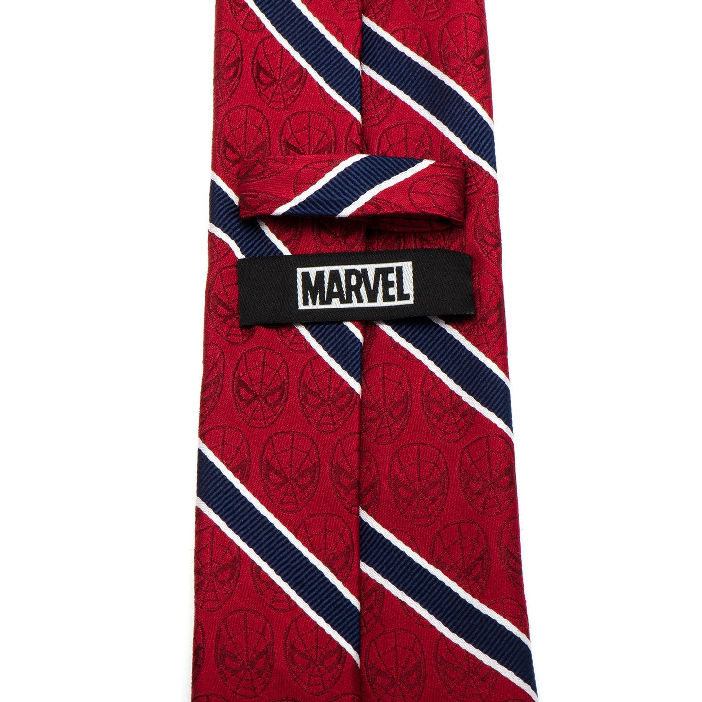 The Marvel Spider-Man Red and Navy Stripe Men's Tie by Cufflinks.com features a slim design with Spider-Man mask patterns and diagonal red, navy, and white stripes.