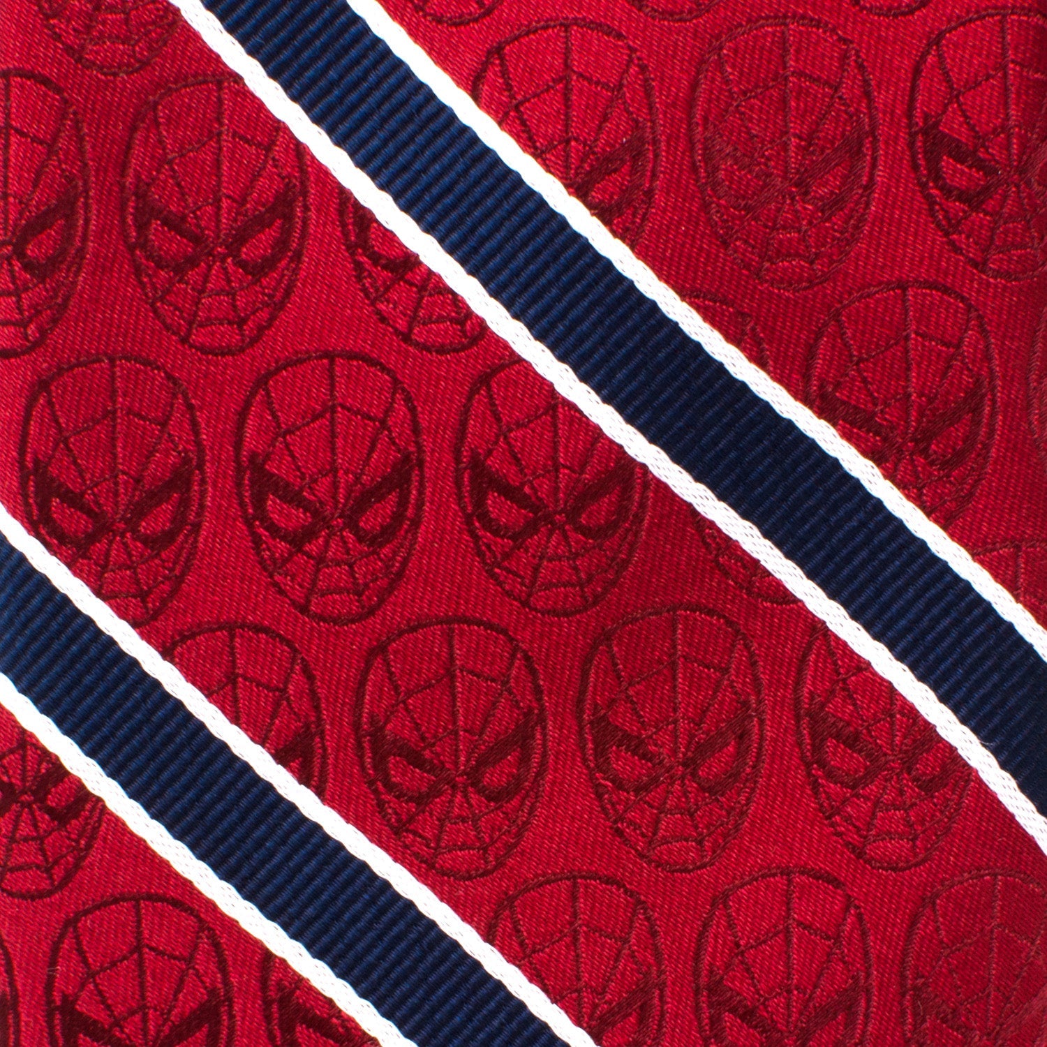 The Marvel Spider-Man Red and Navy Stripe Men's Tie by Cufflinks.com features a slim design with Spider-Man mask patterns and diagonal red, navy, and white stripes.