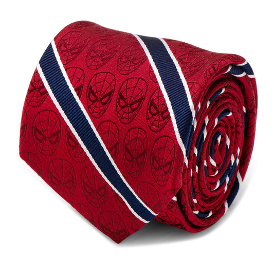 The Marvel Spider-Man Red and Navy Stripe Men's Tie by Cufflinks.com features a slim design with Spider-Man mask patterns and diagonal red, navy, and white stripes.