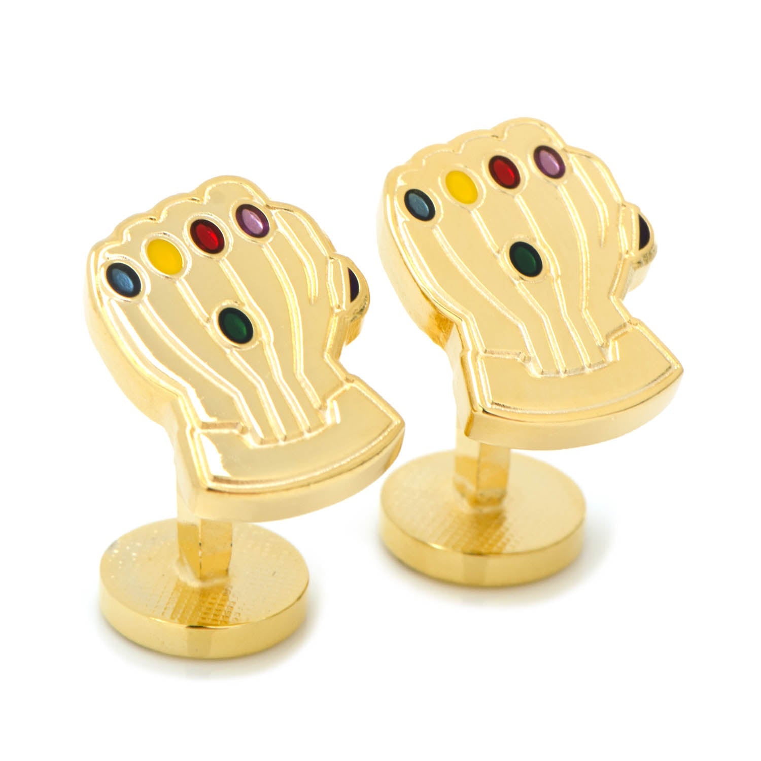 The Marvel Thanos Infinity Gauntlet Cufflinks by Cufflinks.com feature one gold cufflink shaped like the Infinity Gauntlet with colorful stones and the other round with the Marvel logo.