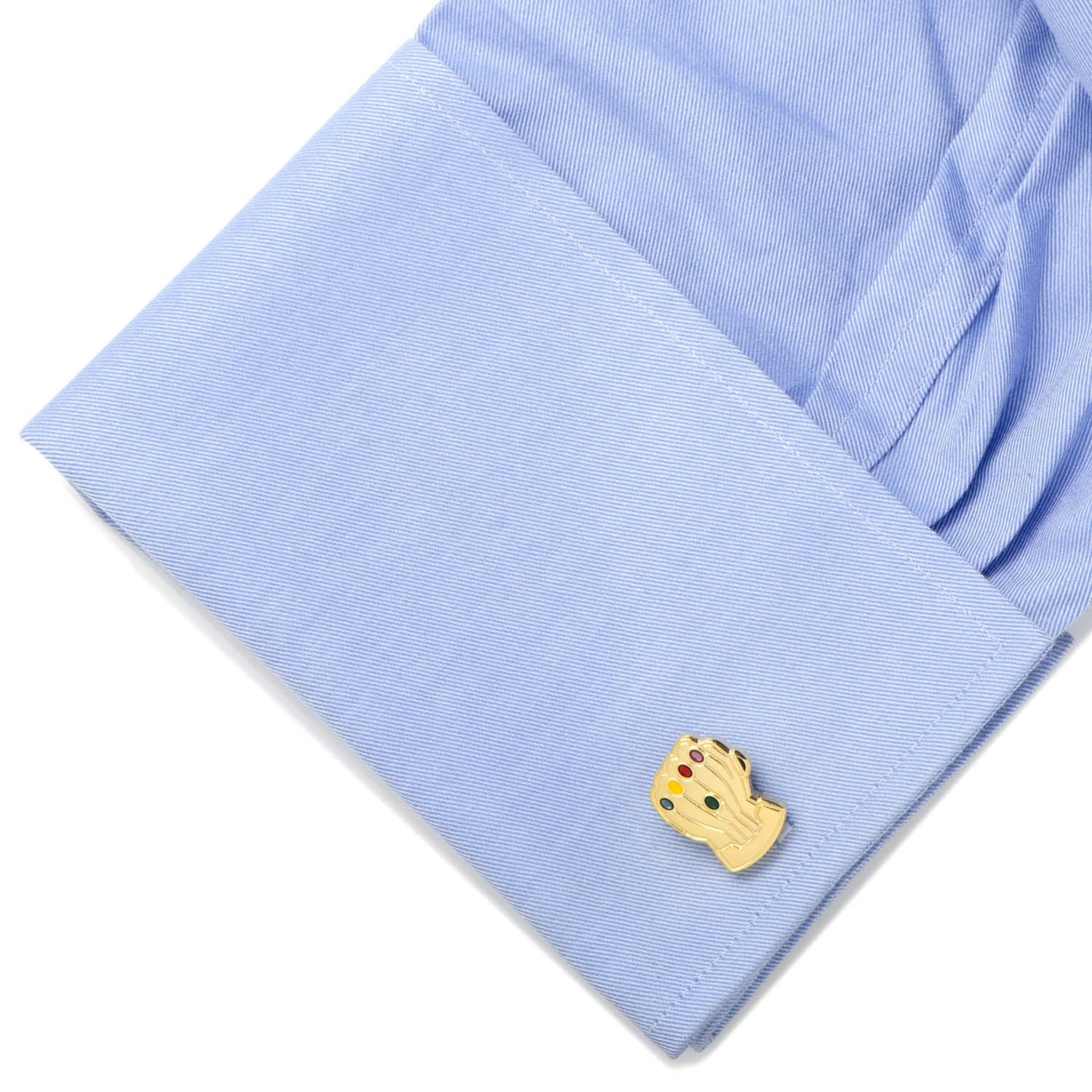 The Marvel Thanos Infinity Gauntlet Cufflinks by Cufflinks.com feature one gold cufflink shaped like the Infinity Gauntlet with colorful stones and the other round with the Marvel logo.