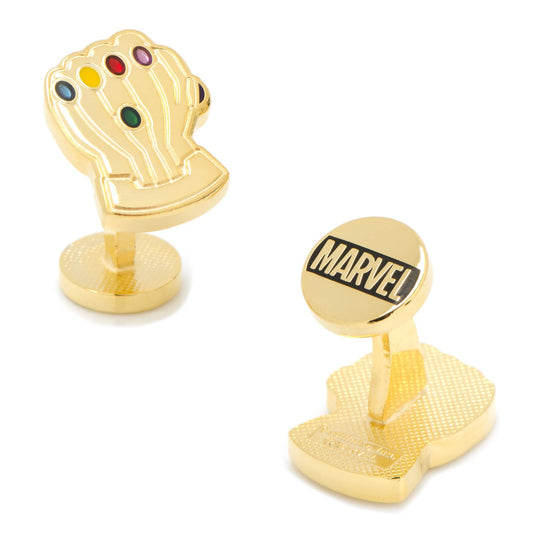 The Marvel Thanos Infinity Gauntlet Cufflinks by Cufflinks.com feature one gold cufflink shaped like the Infinity Gauntlet with colorful stones and the other round with the Marvel logo.