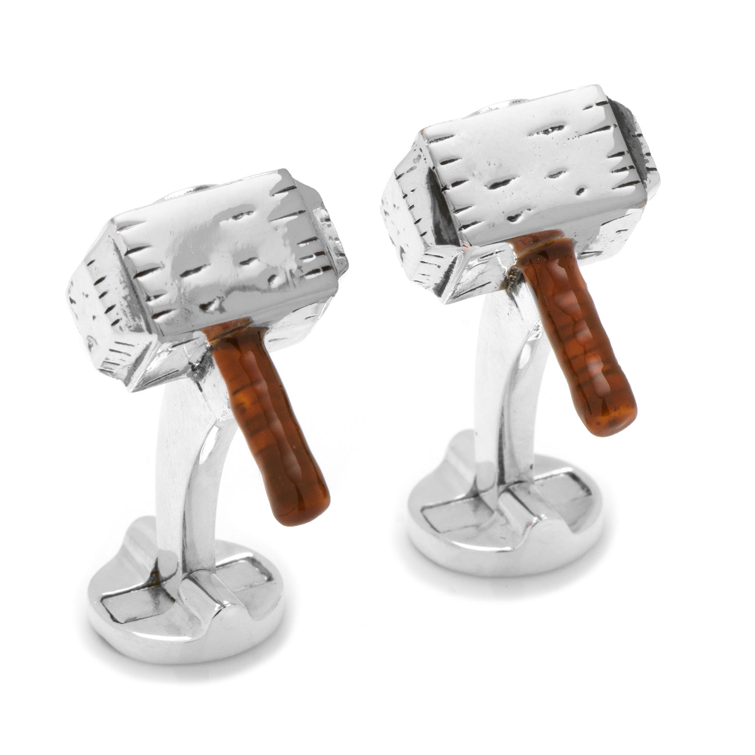 Marvel Thor Mjolnir 3D Cufflinks by Cufflinks.com feature silver hammers with brown handles, one showcasing the Marvel logo—a unique accessory for any Marvel fan.
