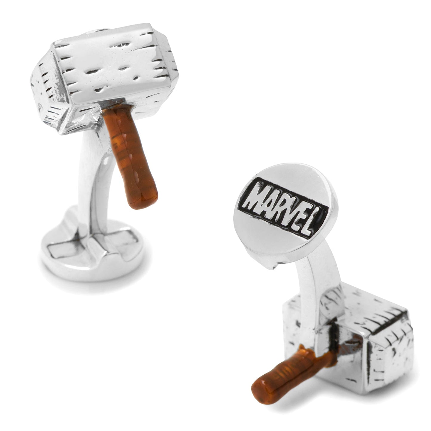 Marvel Thor Mjolnir 3D Cufflinks by Cufflinks.com feature silver hammers with brown handles, one showcasing the Marvel logo—a unique accessory for any Marvel fan.