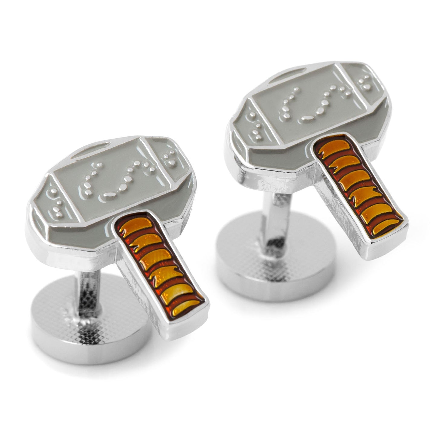 Marvel Thor Hammer Mjolnir Cufflinks by Cufflinks.com: one silver cufflink shaped like Thor's hammer with yellow and orange handle details, and the other round with a black and white Marvel logo.