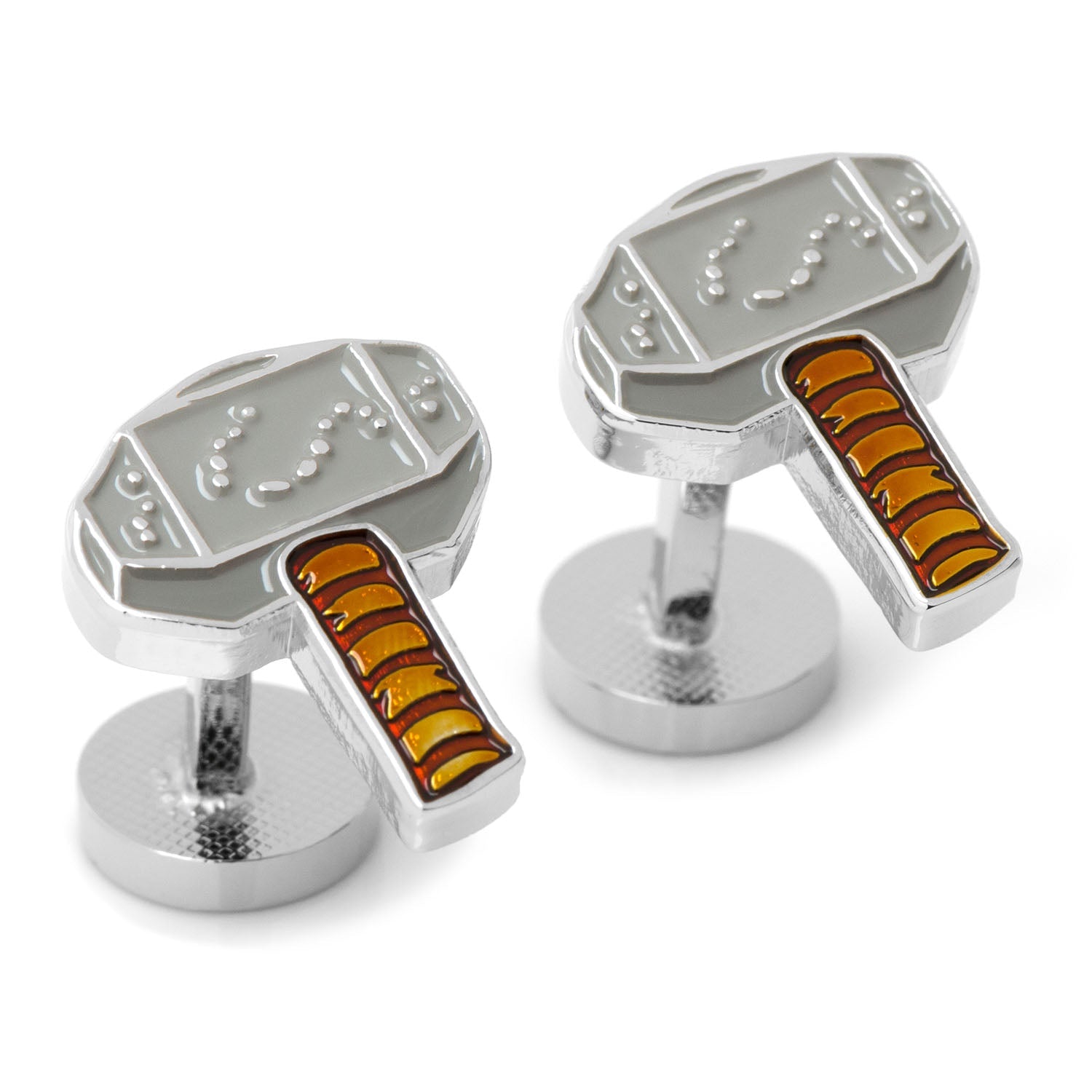 Marvel Thor Hammer Mjolnir Cufflinks by Cufflinks.com: one silver cufflink shaped like Thor's hammer with yellow and orange handle details, and the other round with a black and white Marvel logo.