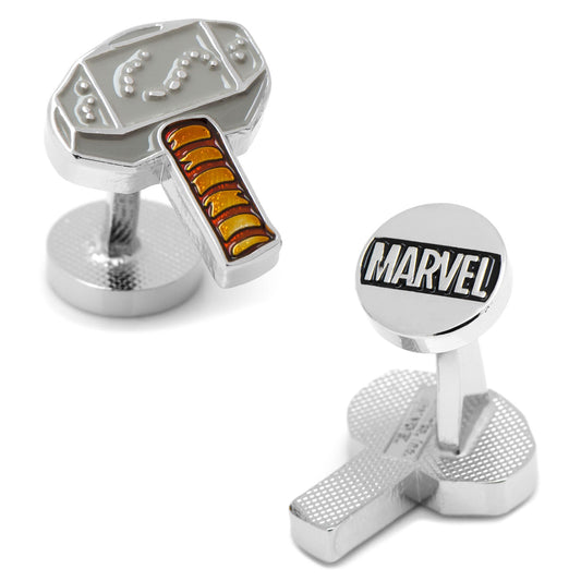 Marvel Thor Hammer Mjolnir Cufflinks by Cufflinks.com: one silver cufflink shaped like Thor's hammer with yellow and orange handle details, and the other round with a black and white Marvel logo.