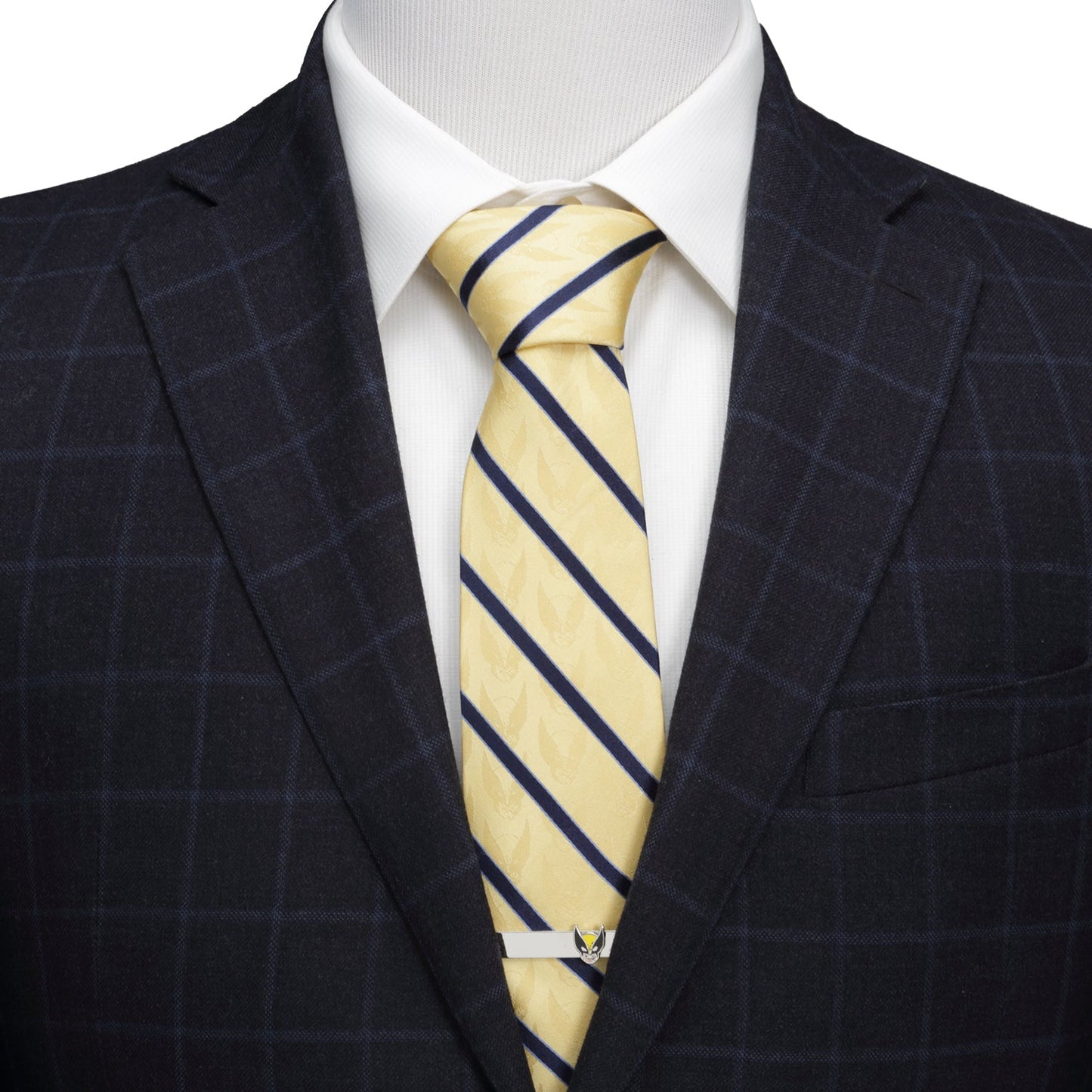 The Marvel X-Men Wolverine Yellow and Navy Stripe Silk Men's Tie by Cufflinks.com, featuring a subtle pattern and diagonal navy stripes, is rolled up on a white background.