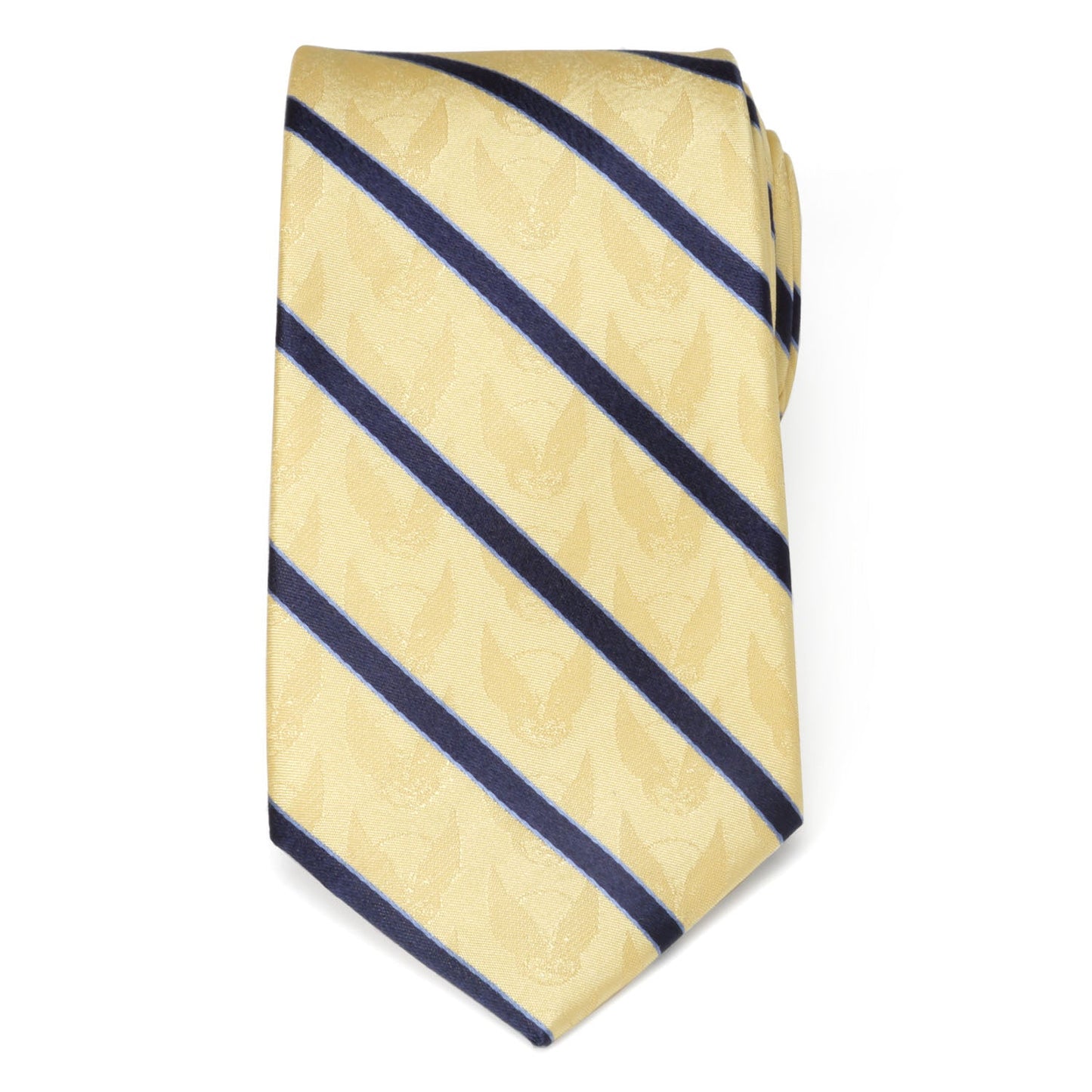 The Marvel X-Men Wolverine Yellow and Navy Stripe Silk Men's Tie by Cufflinks.com, featuring a subtle pattern and diagonal navy stripes, is rolled up on a white background.