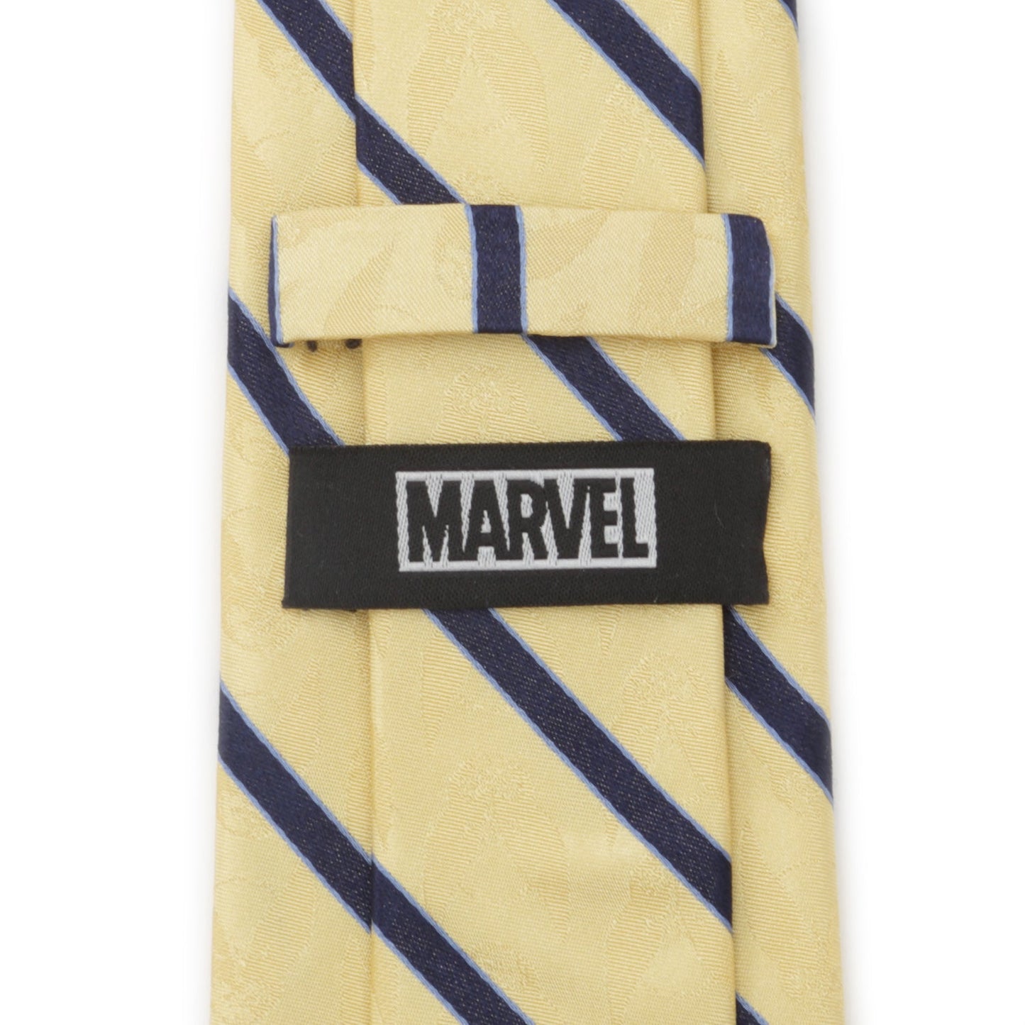 The Marvel X-Men Wolverine Yellow and Navy Stripe Silk Men's Tie by Cufflinks.com, featuring a subtle pattern and diagonal navy stripes, is rolled up on a white background.