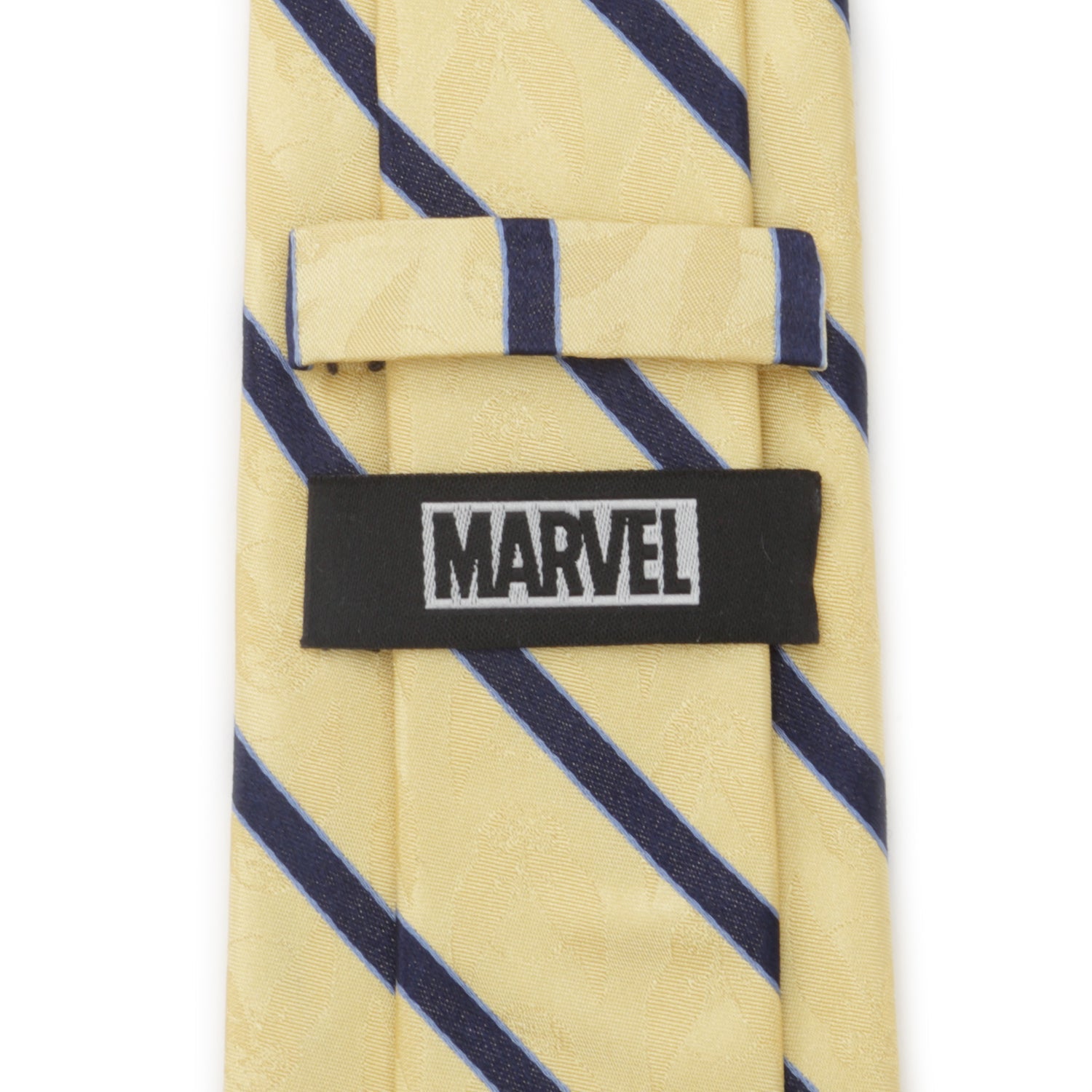 The Marvel X-Men Wolverine Yellow and Navy Stripe Silk Men's Tie by Cufflinks.com, featuring a subtle pattern and diagonal navy stripes, is rolled up on a white background.