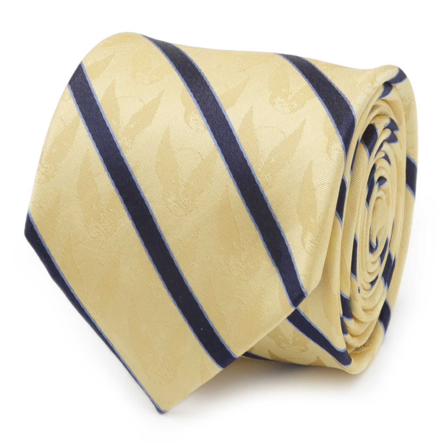 The Marvel X-Men Wolverine Yellow and Navy Stripe Silk Men's Tie by Cufflinks.com, featuring a subtle pattern and diagonal navy stripes, is rolled up on a white background.