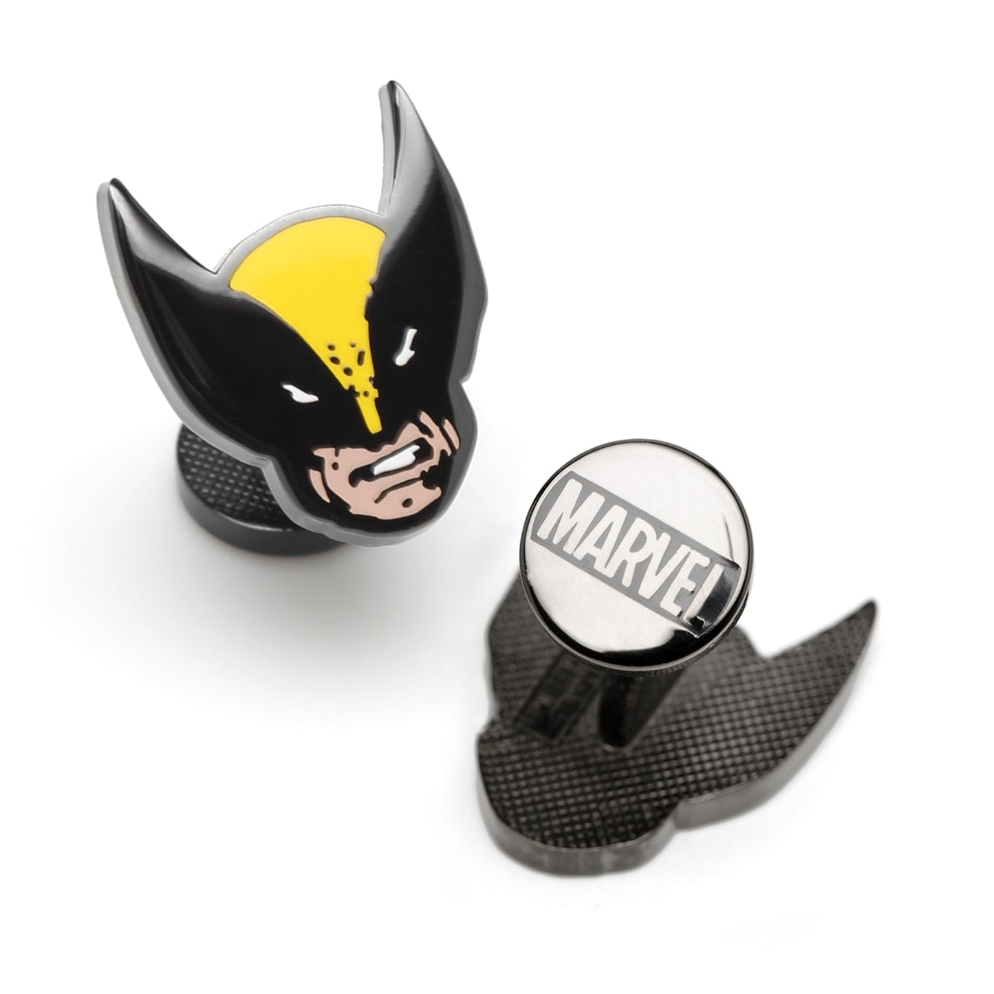 Marvel X-Men Wolverine Cufflinks by Cufflinks.com showcase the iconic masked face in black, yellow, and white enamel—ideal for superhero fans.