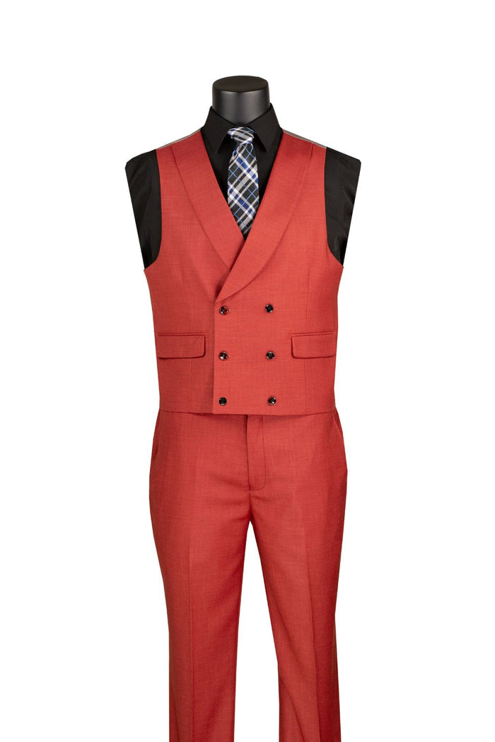 The Vinci Suits Modern Fit Brick Red 3 Piece Suit with Vest and Adjustable Waistband Pants MV2K-2 is displayed with a black shirt, plaid tie, pocket square, chain, and lapel pin.