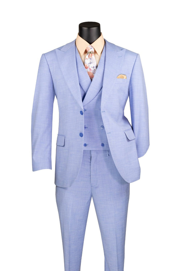The mannequin displays the Vinci Suits Modern Fit 3 Piece Suit in light blue (MV2K-2) with an adjustable waistband, paired tastefully with a peach shirt and floral tie.