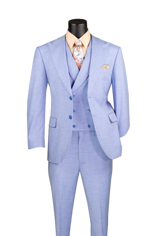 The mannequin displays the Vinci Suits Modern Fit 3 Piece Suit in light blue (MV2K-2) with an adjustable waistband, paired tastefully with a peach shirt and floral tie.