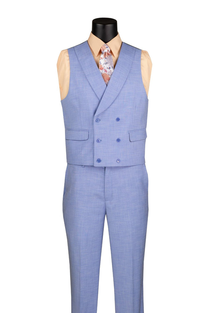 The mannequin displays the Vinci Suits Modern Fit 3 Piece Suit in light blue (MV2K-2) with an adjustable waistband, paired tastefully with a peach shirt and floral tie.