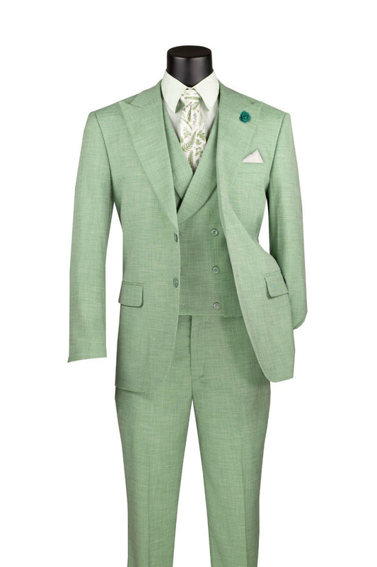 The Vinci Suits Modern Fit 3-Piece Suit (Light Green MV2K-2) includes a jacket, vest, and adjustable waist pants. It features a floral tie, white pocket square, and lapel button embellishment.