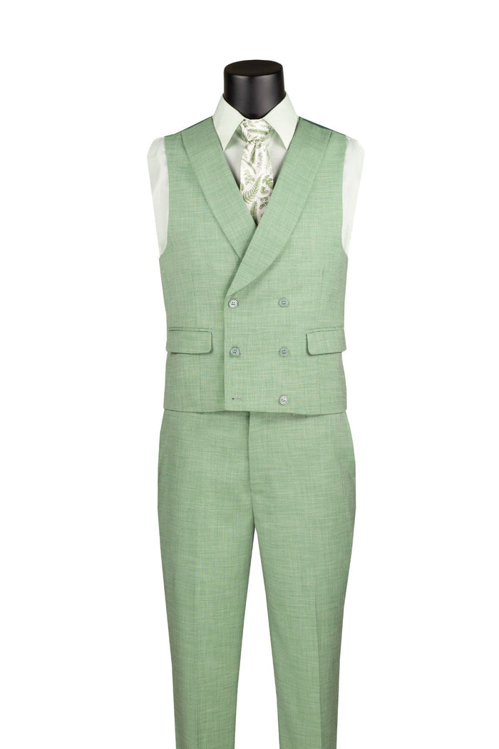 The Vinci Suits Modern Fit 3-Piece Suit (Light Green MV2K-2) includes a jacket, vest, and adjustable waist pants. It features a floral tie, white pocket square, and lapel button embellishment.
