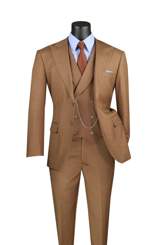 Displayed on a mannequin, the Vinci "Modern Fit 3 Piece Suit" in light brown includes a jacket, vest, and adjustable waistband pants. Paired with a blue shirt and orange tie, it features a chain accessory for added flair.