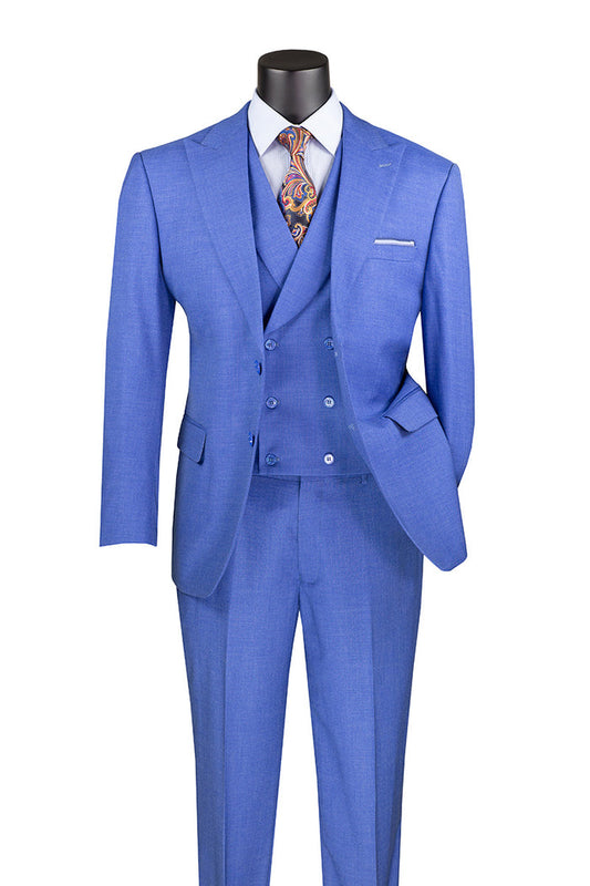 On display, a Vinci Suits Modern Fit 3 Piece Suit in French Blue—a seamless ensemble featuring a blazer, vest, adjustable waistband pants, crisp white dress shirt, and eye-catching paisley tie.